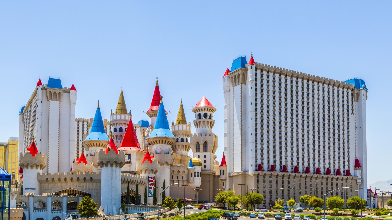 Exterior view of the Excaliber Hotel in Las Vegas which looks like a castle to represent the city's slogan as Disneyland for Adults