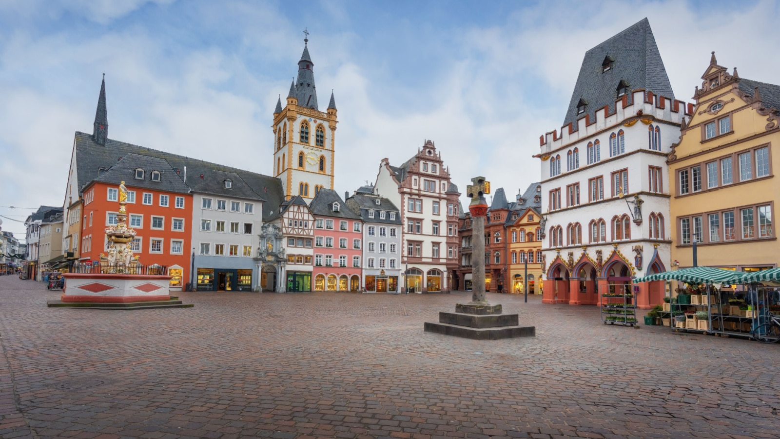 The empty town square in the center of Trier, Germany.