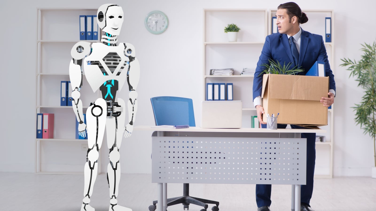 Concept art of a robot replacing an office worker to represent the threat of automation on jobs.