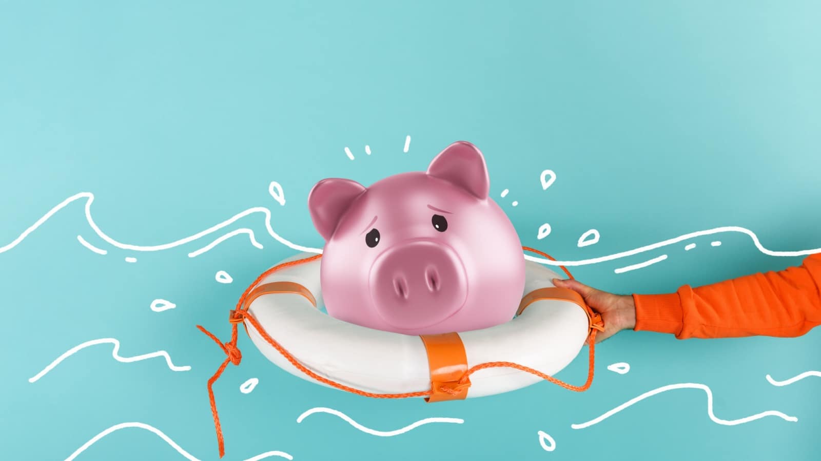 Graphic showing an arm saving a piggy bank floating on a life preserver in rough waters to represent a financial emergency.