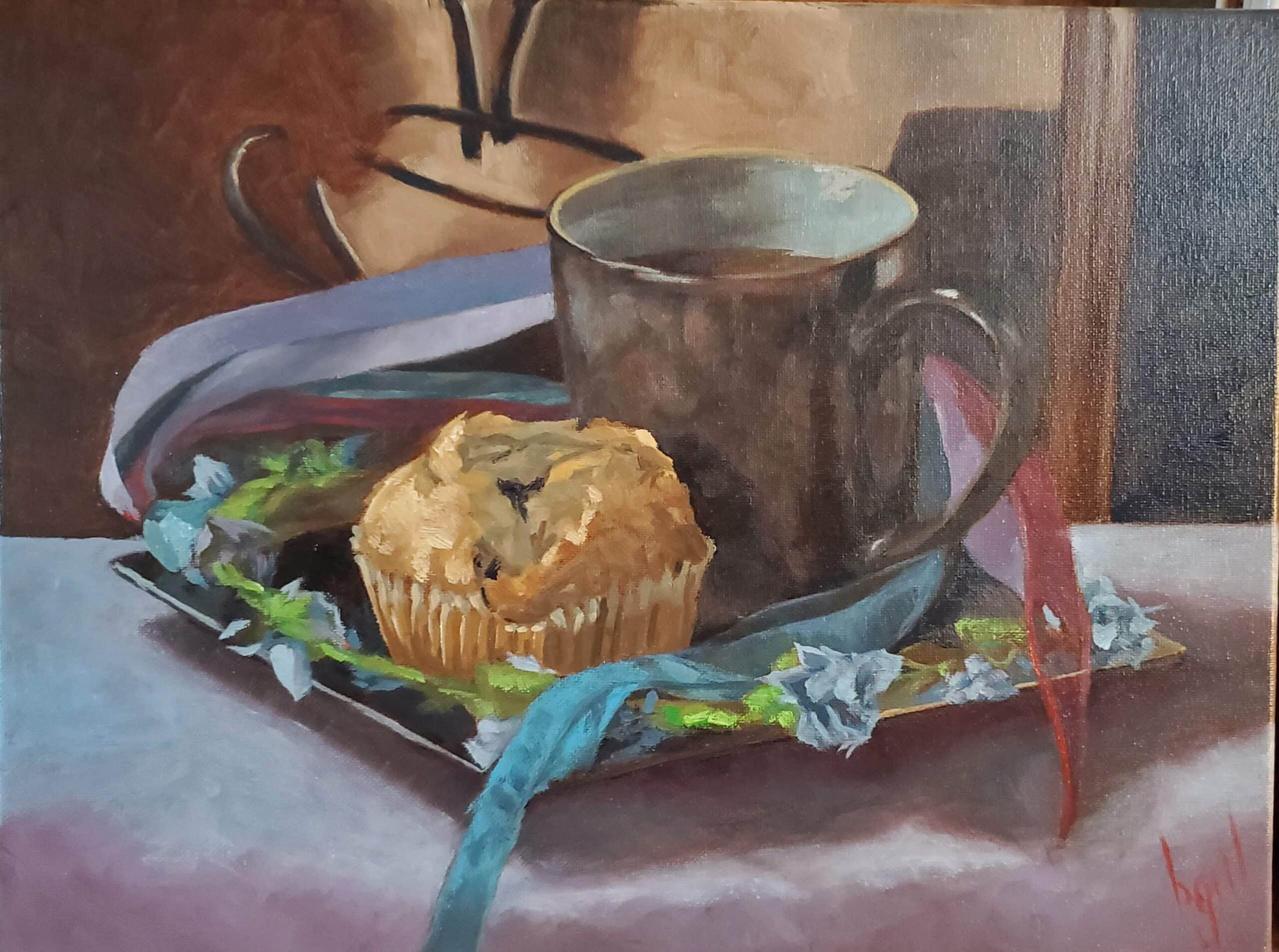 Still-life painting of a breakfast muffin and cup of coffee on a platter. 