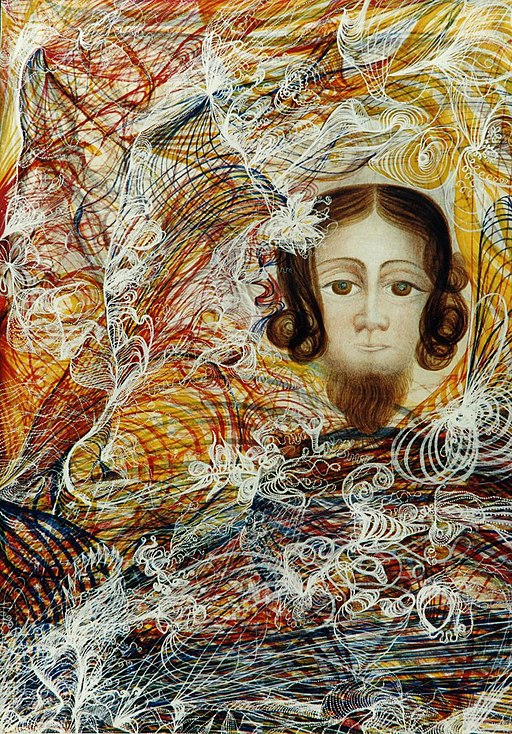 Georgiana Houghton's The Portrait of the Lord Jesus Christ is mostly abstract outside the small portrait in the top corner. 