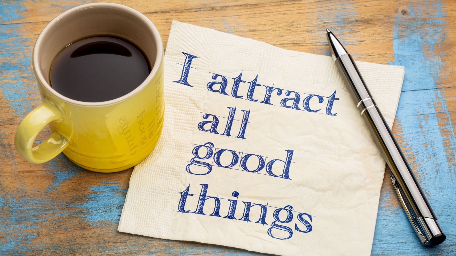 A coffee cup next to a napkin with the words "I attract all good things" written on it to represent the law of attraction.