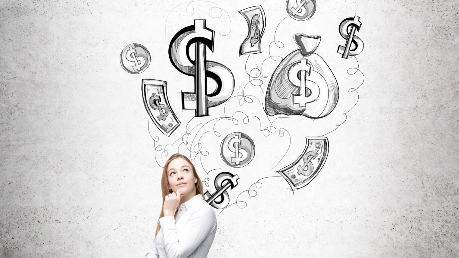 A woman is thinking about money to highlight how the law of attraction works to manifest abundance.