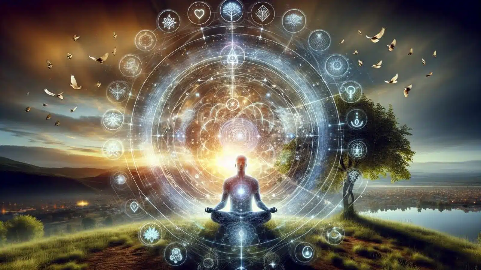 Graphic of a person meditating, surrounded by things they're attempting to manifest. 