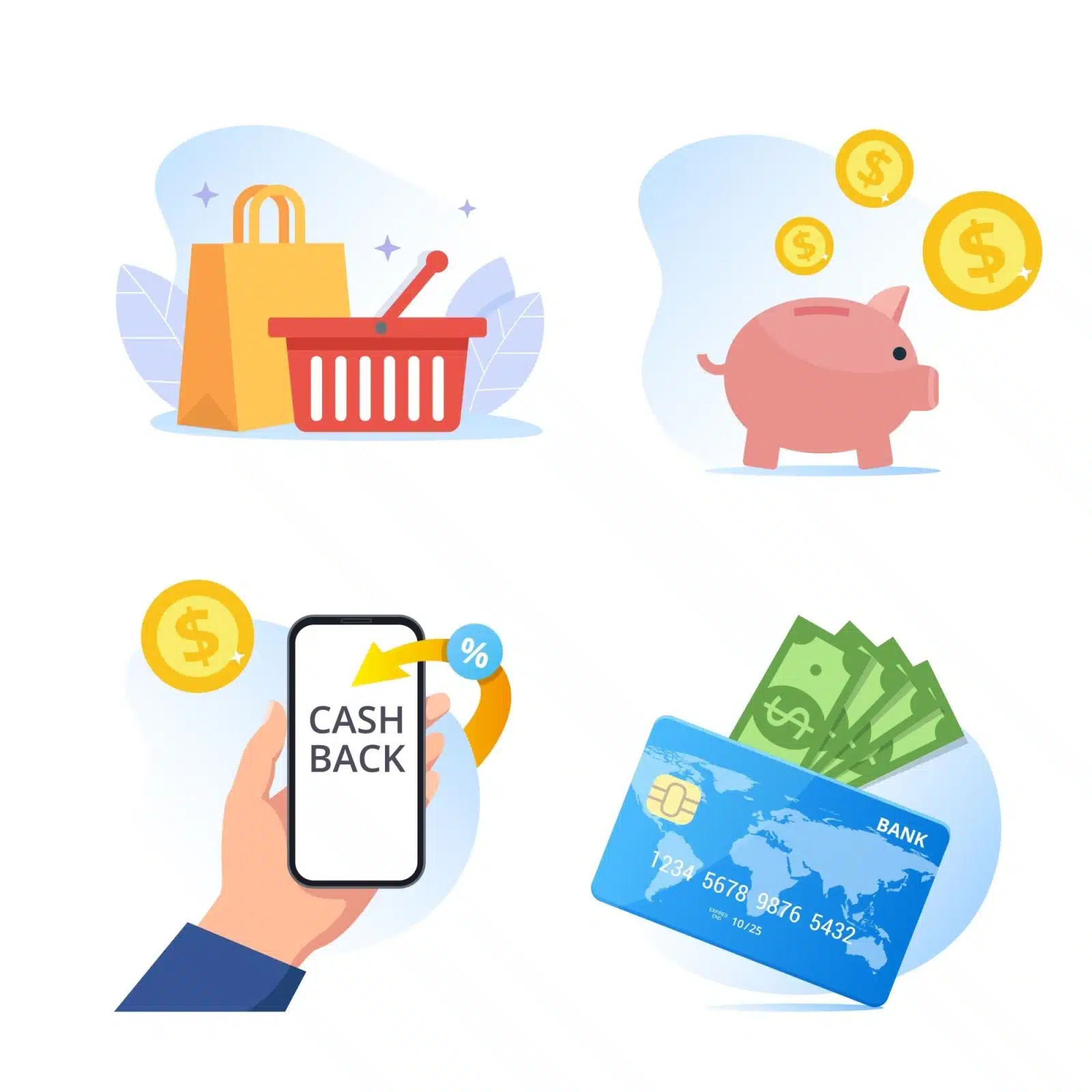Illustration representing cashback apps. There are four quadrants, one shows shopping, the other three represent money and savings. 