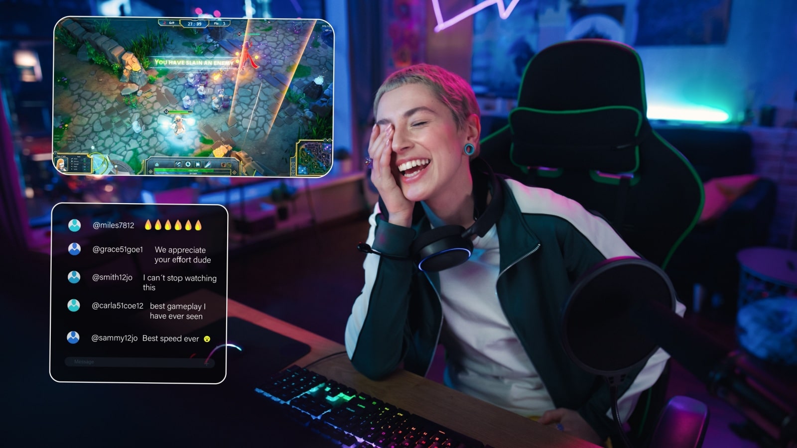 How to make money playing video games: a Female streamer laughs with her audience while gaming.