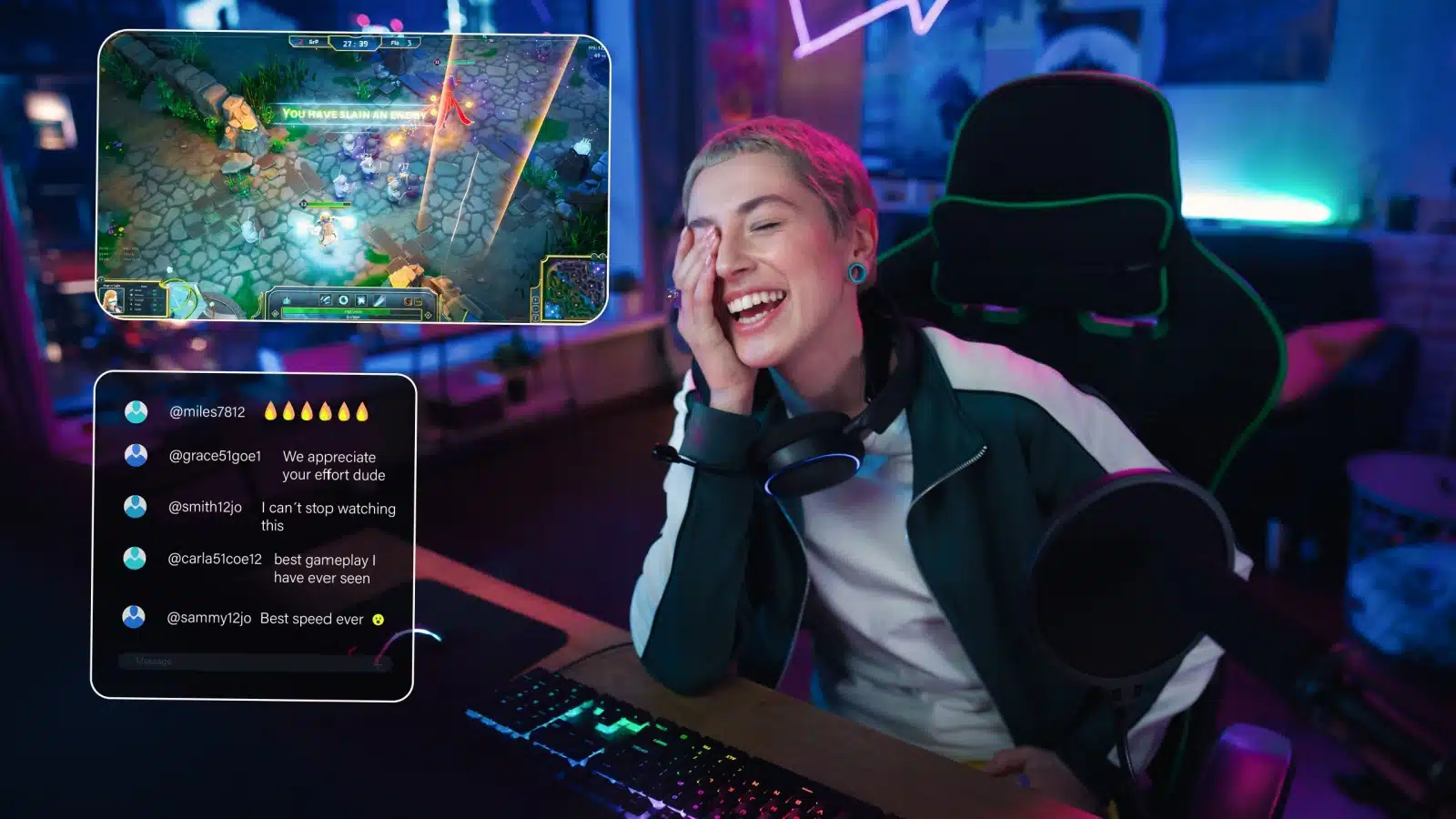 How to make money playing video games: a Female streamer laughs with her audience while gaming.