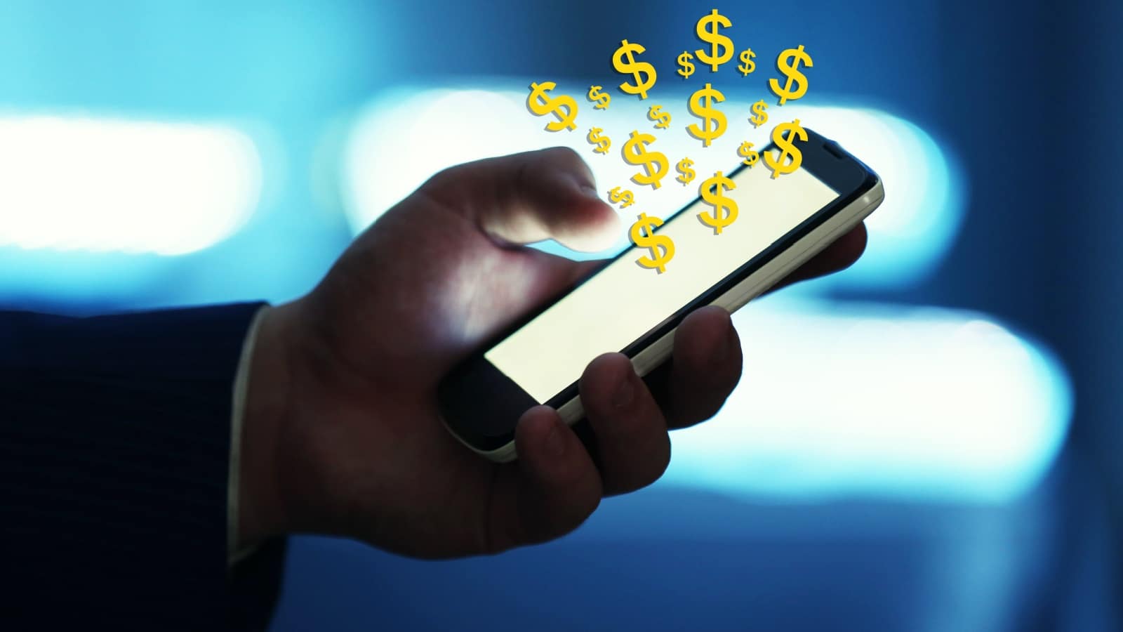 A user holding a phone with dollar signs coming out of it to represent money making apps.