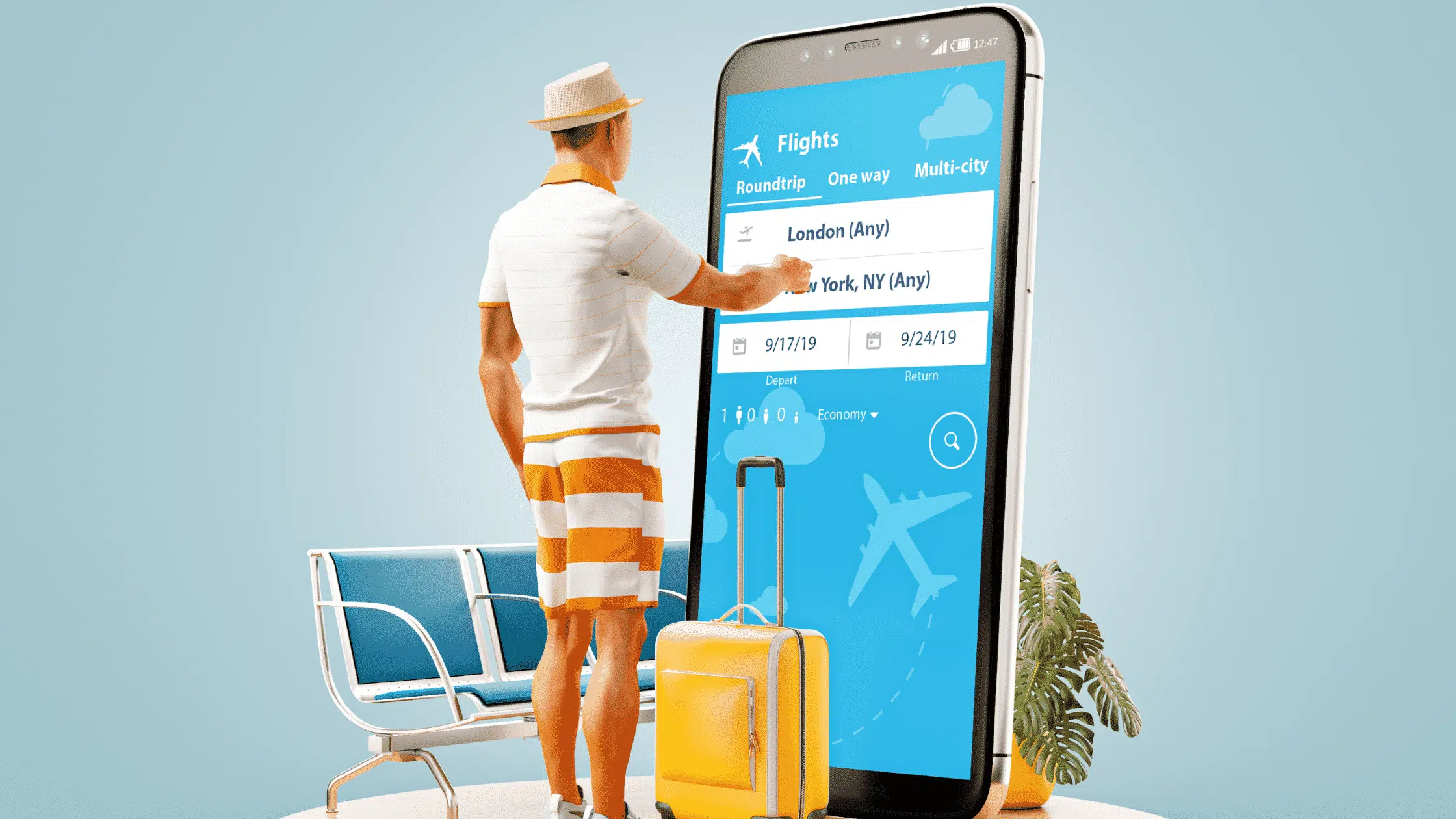 the best travel apps - man using a giant phone with travel app open