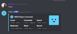 screenshot of mee6 help commands