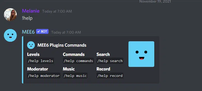 screenshot of mee6 help commands