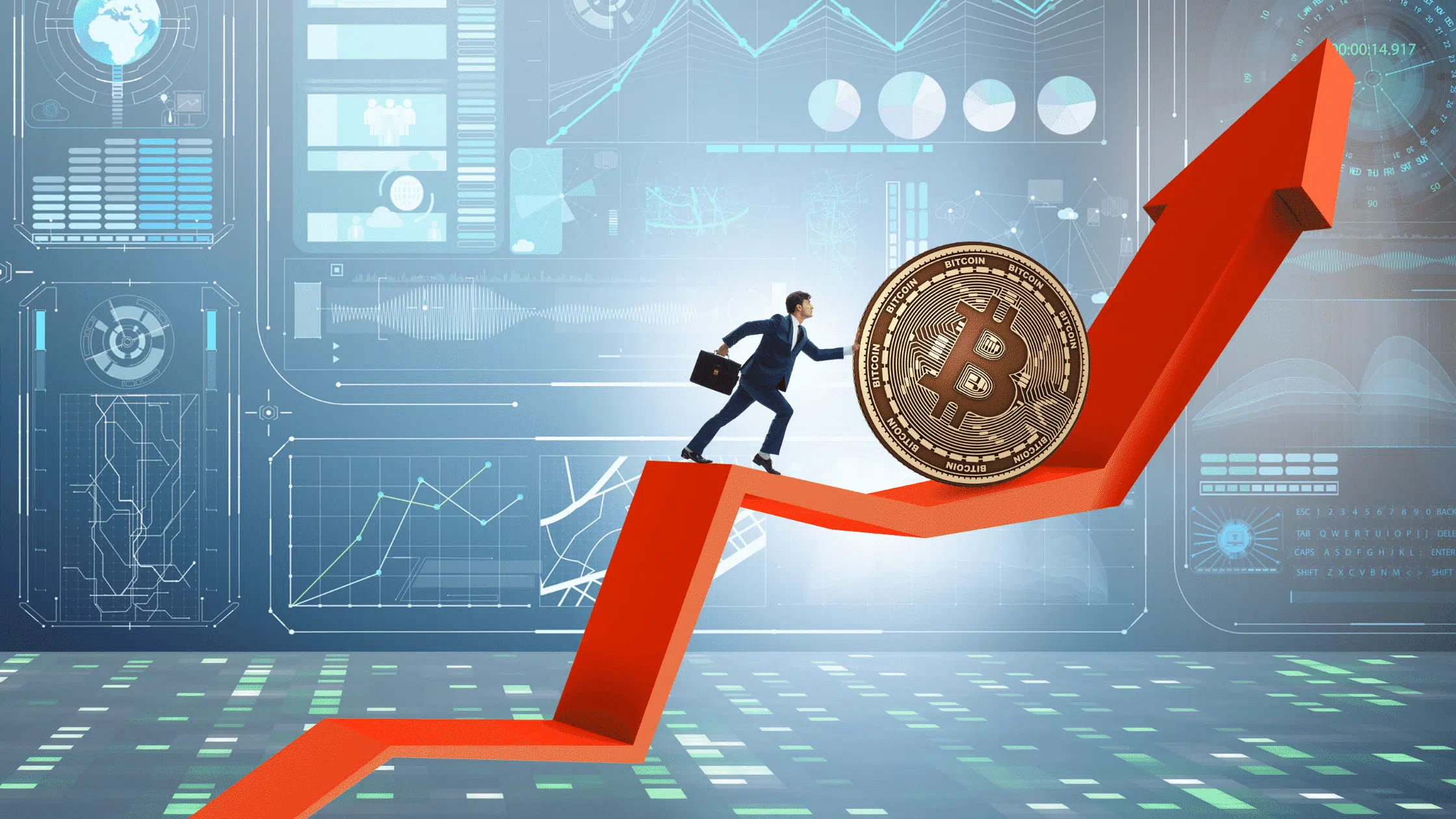 small figure chasing A bitcoin up a graph arrow to indicate alternative investments
