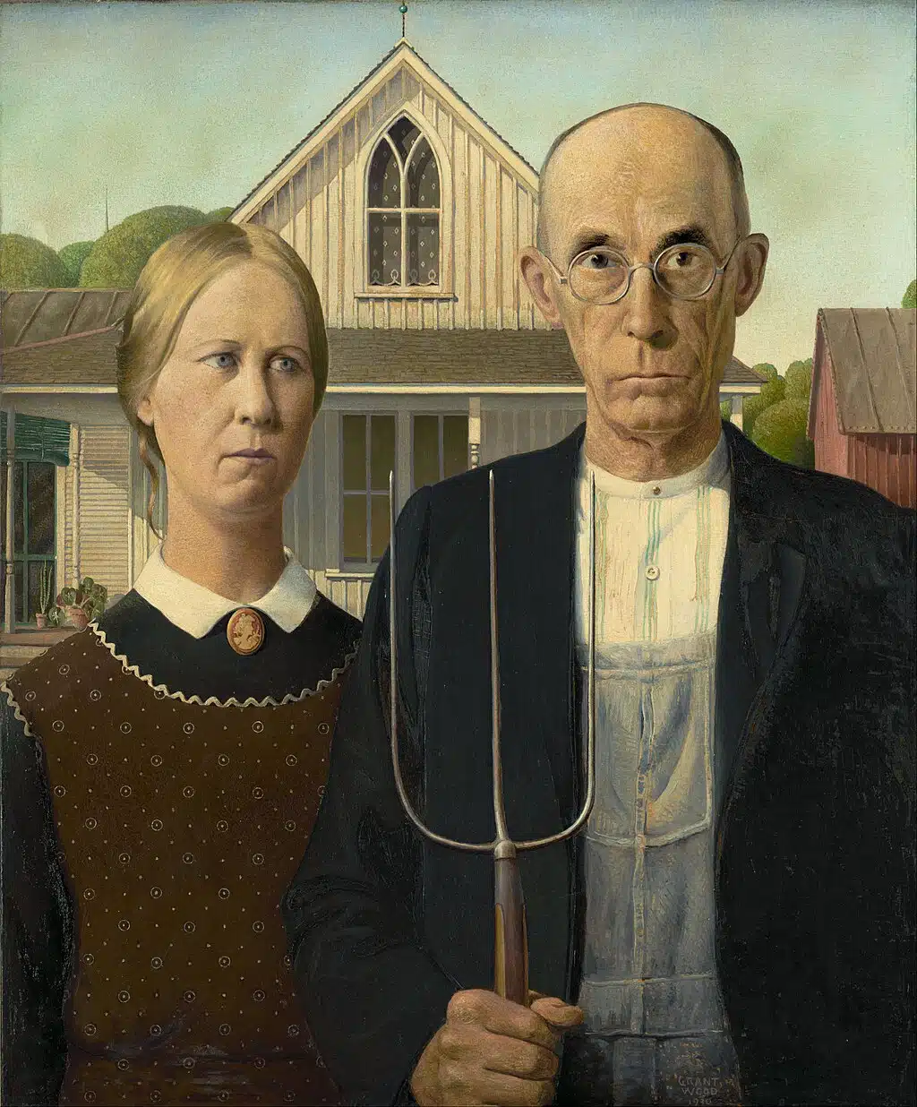 The famous painting of farmers in front of a house, American Gothic by Grant Wood. 