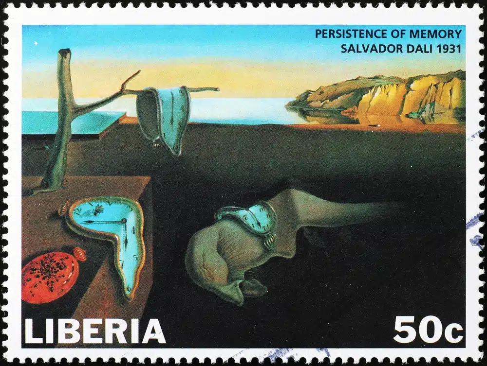 A stamp from Africa featuring the imagery from Dali's The Persistence of Memory. 