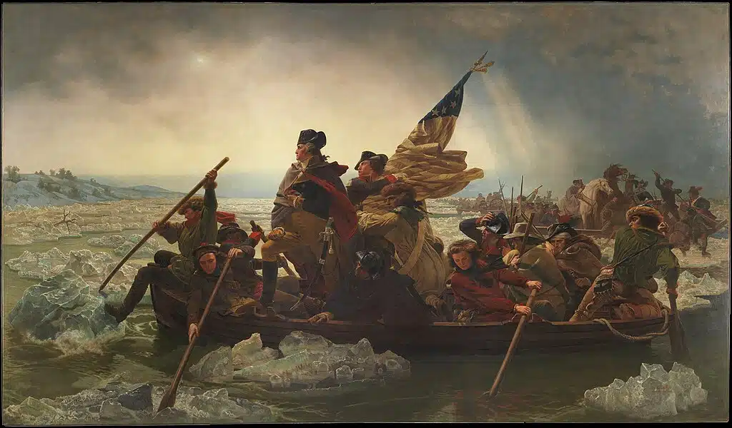 The famous imagery of George Washington Crossing the Delaware. 