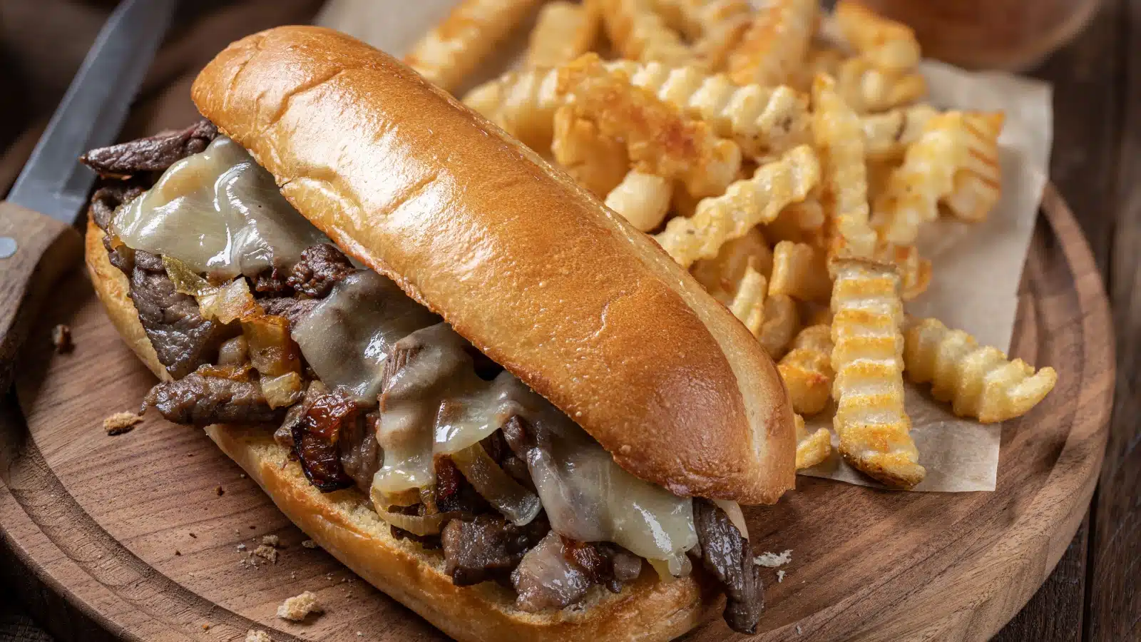 A Philly cheesesteak sandwich with fries. 