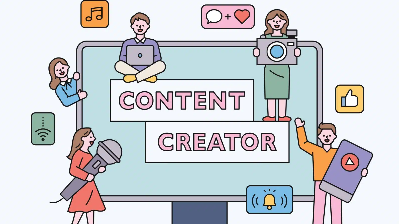 Illustration showing different types of content creators, representing how to support content creators. 