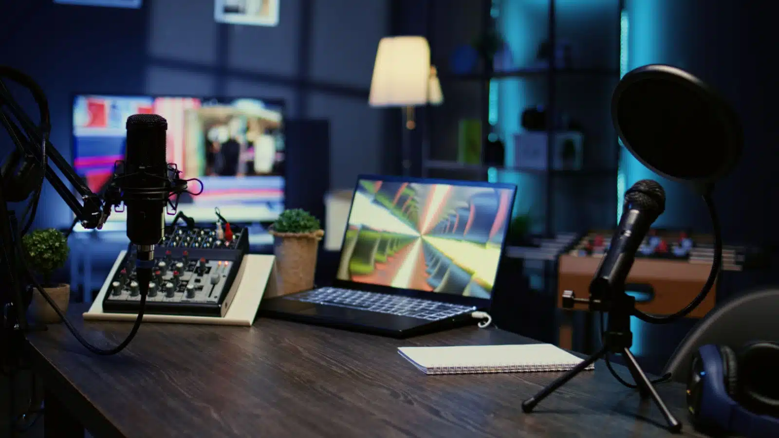A gamer's desk with all the equipment they need to start a Twitch stream. 