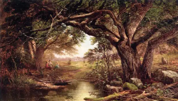Landscape by famous female artist Mary Josephine Walters: Landscape with Three Ladies Sitting Under a Tree. 