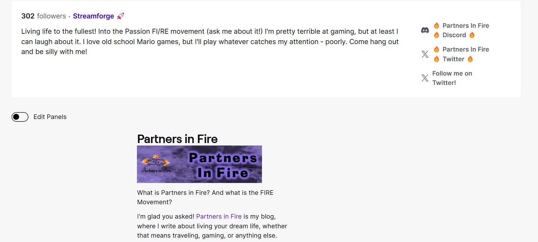 Screenshot of Partners in Fire Twitch Bio to help people get more Twitch viewers. 