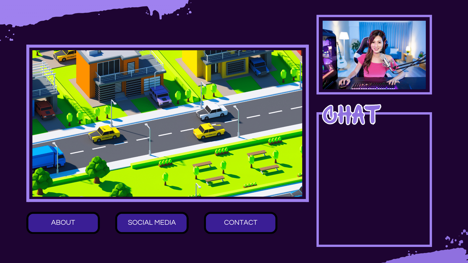 An example of a Twitch overlay with the game in the center, streamer at the top, and chat box below her.