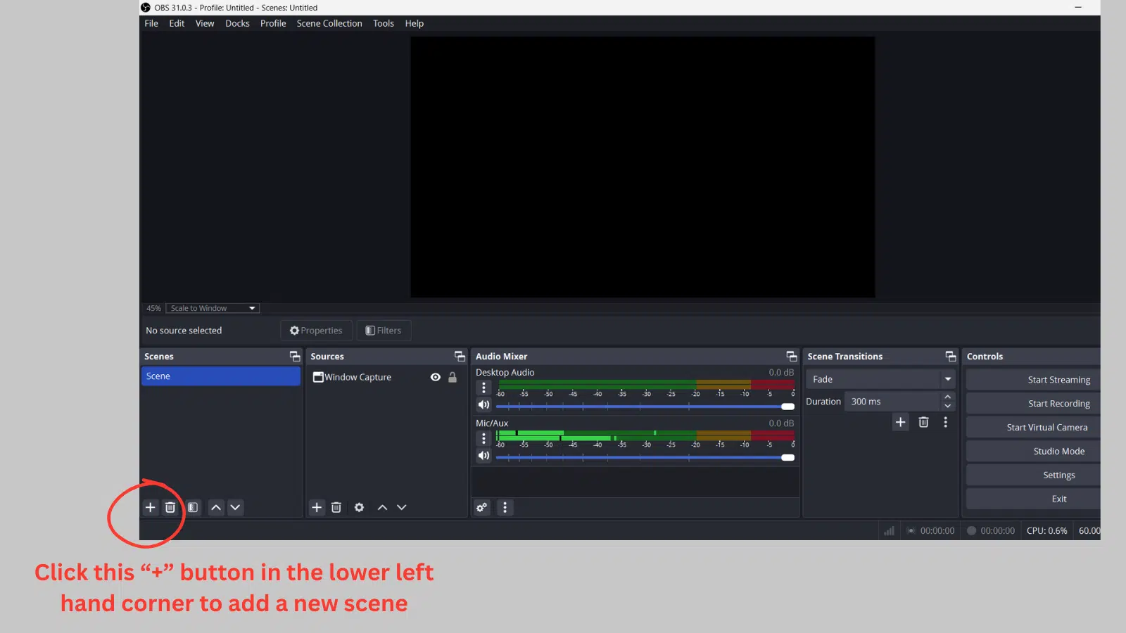Screenshot showing how to add a scene in OBS. 