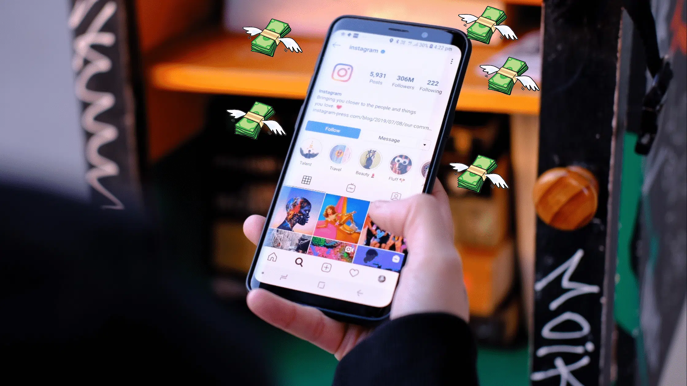 picture of hand using instagram with graphics of dollars flying around the phone to represent how to make money on Instagram
