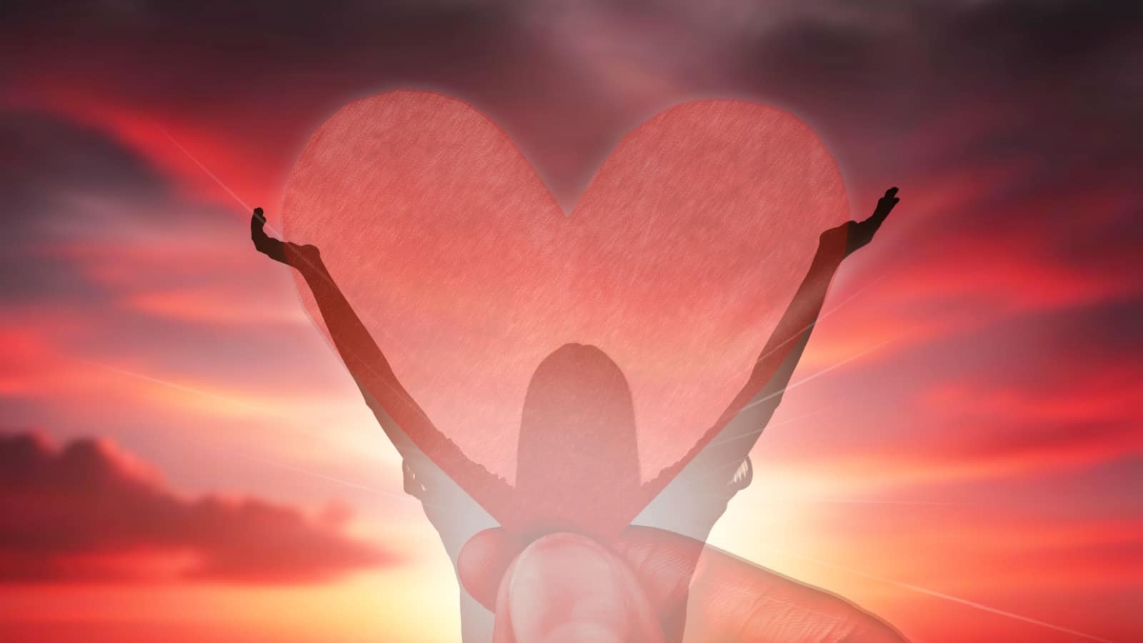 Graphic representing how to love yourself. A hand holds up a woman who is holding her arms open in a with a heart filling the space between for self-love.