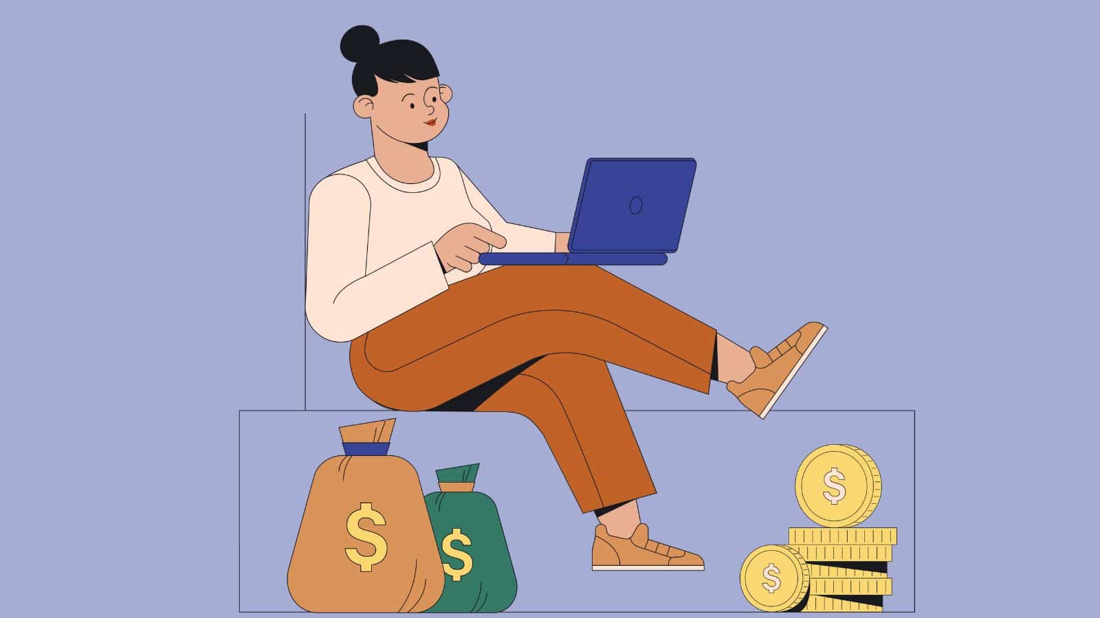 Graphic of a woman with a laptop sitting above piles of money to represent how to make money blogging.