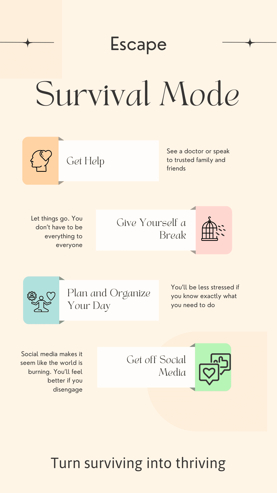 Infographic highlighting tips for escaping survival mode.