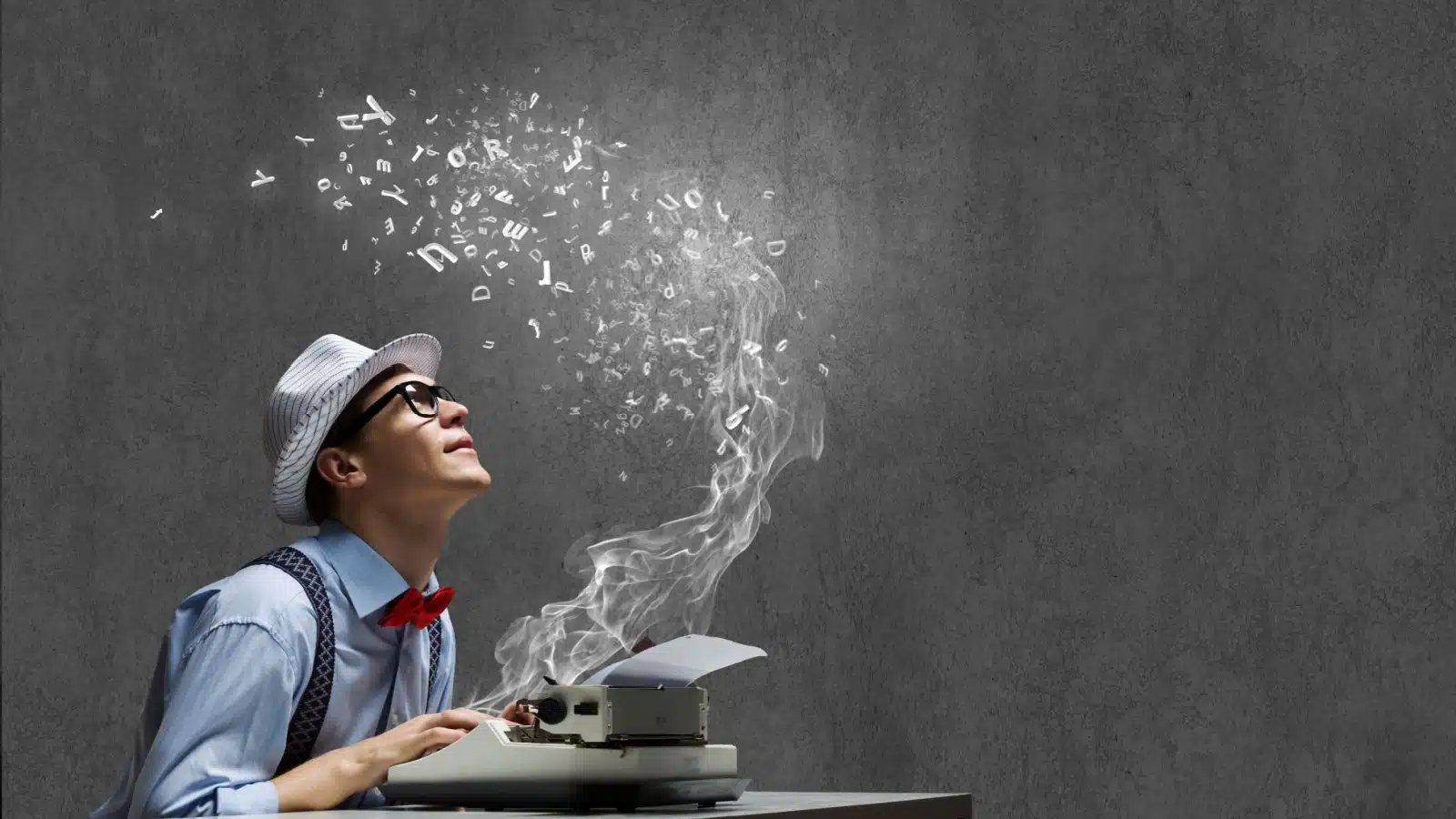 An author typing, watching his words spring to life out of the typewriter to represent literary devices and narrative techniques.