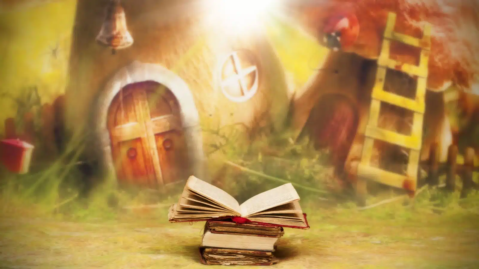 A book open in a fairy tale setting to represent the literary technique of imagery.
