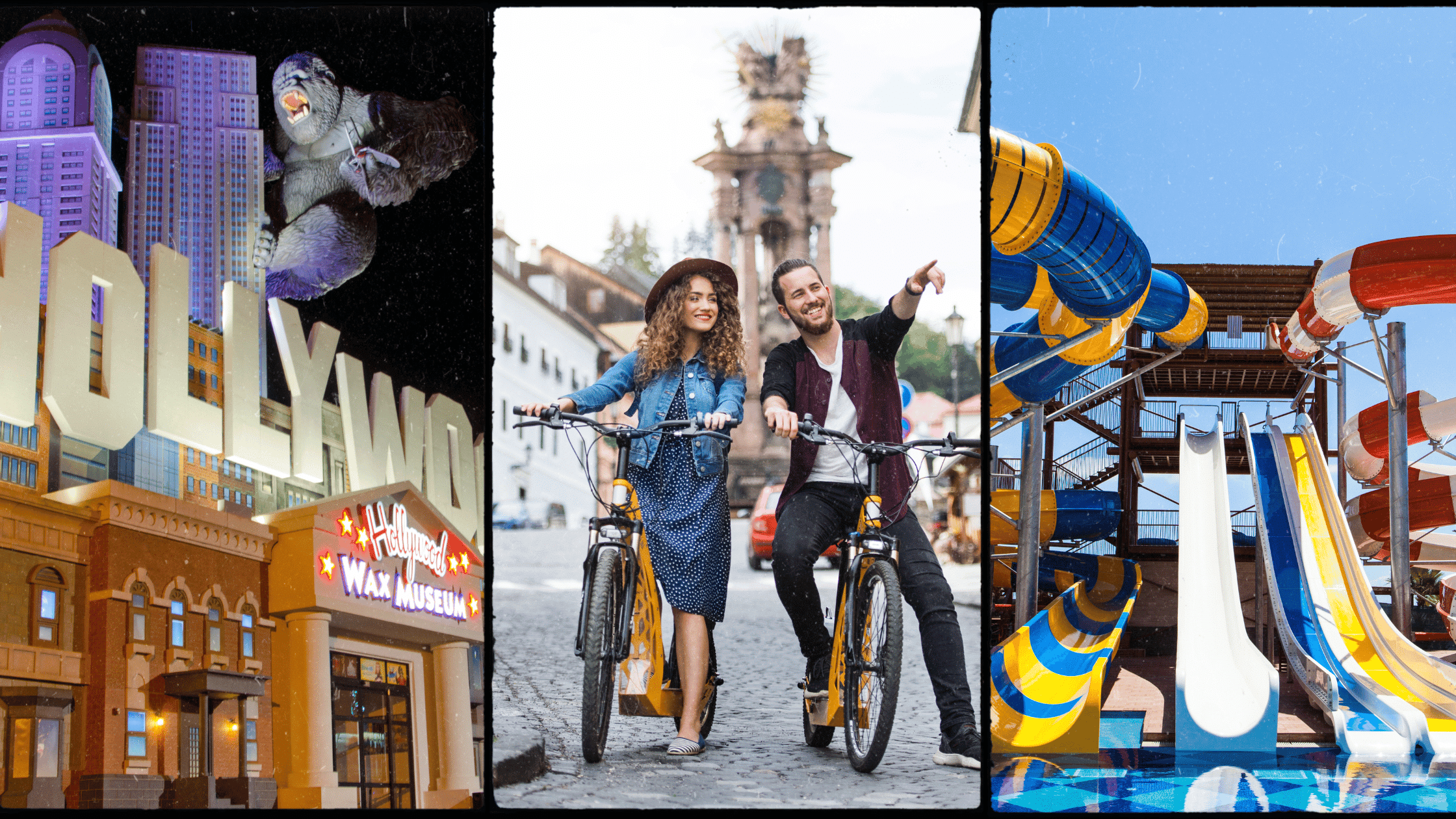 three touristy pictures in a row, a picture of a hollywood wax muesum, a picture of tourists pointing, and a picture of waterparks to represent tourist towns