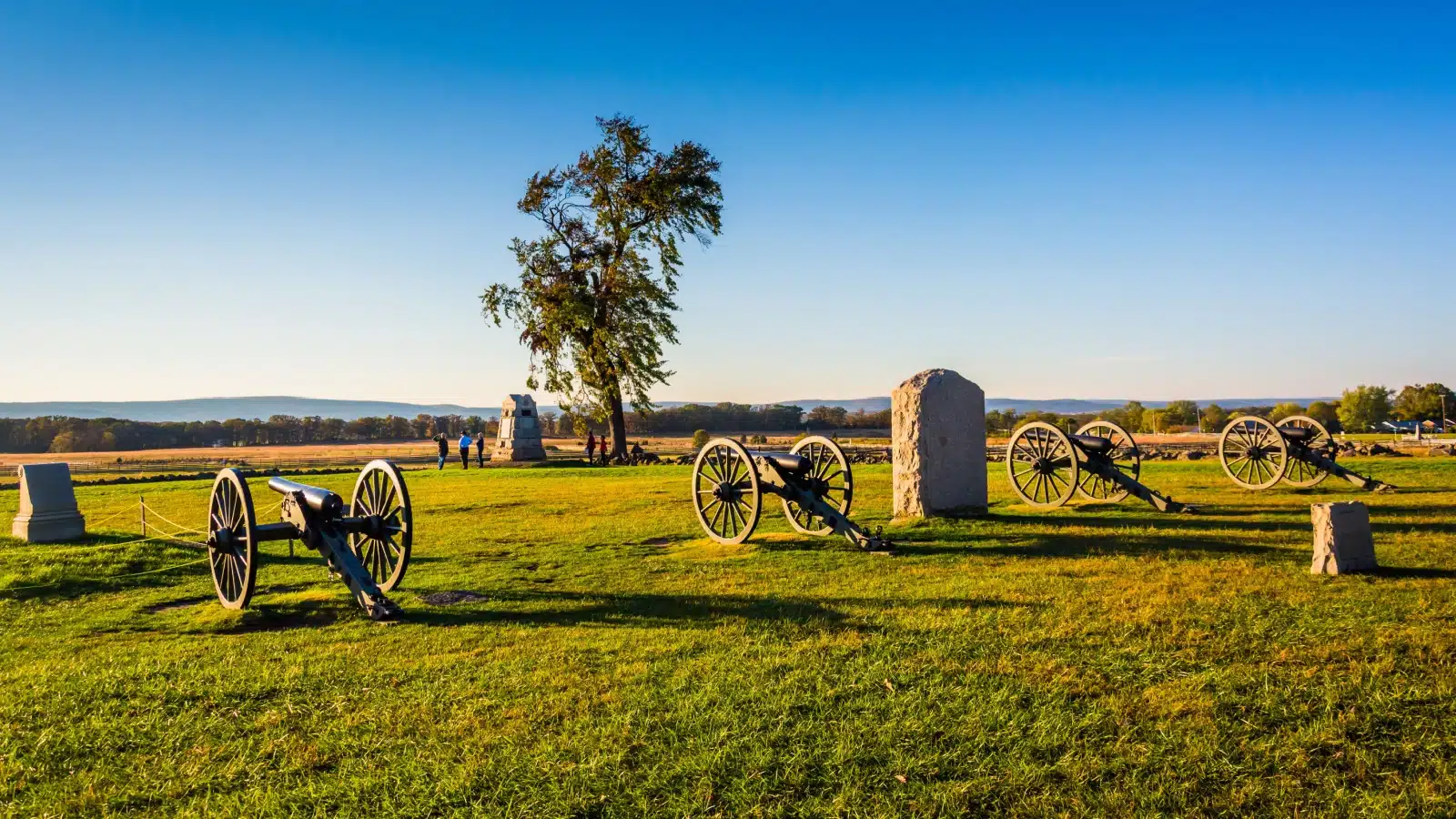 Cannons and monuments on the battlefield at Gettysburg, Pennsylvania. 