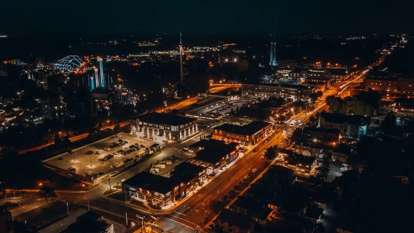Aerial view of Hershey, PA at night. 