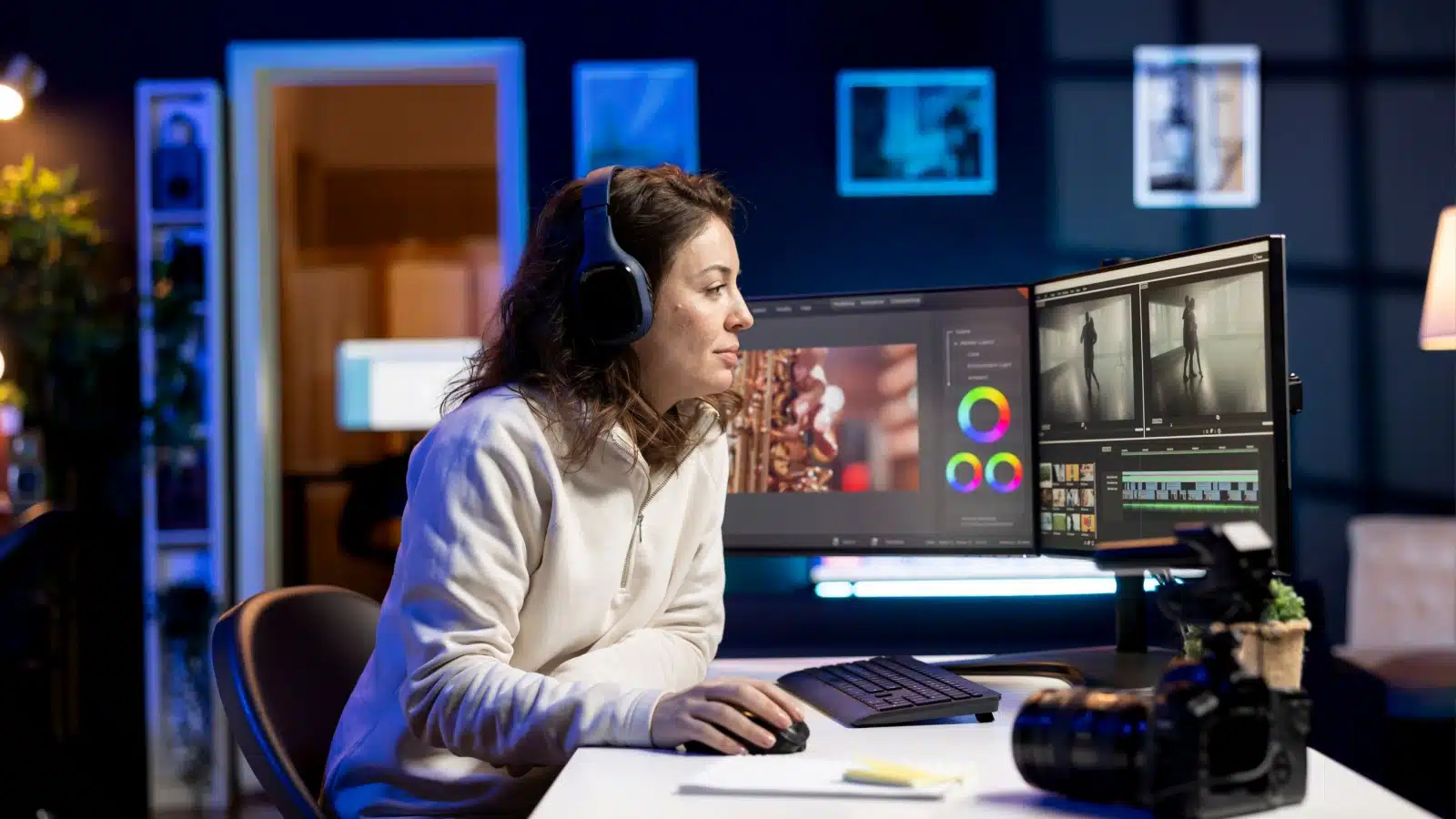 A woman editing professional quality videos. 