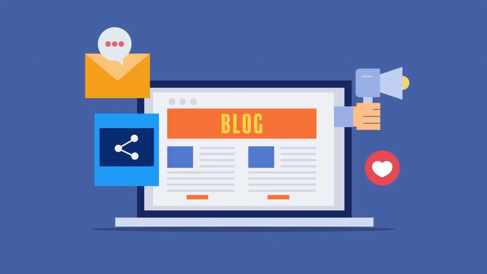 A simple graphic of a blog with a few icons surrounding it showing the resources needed to be successful. 