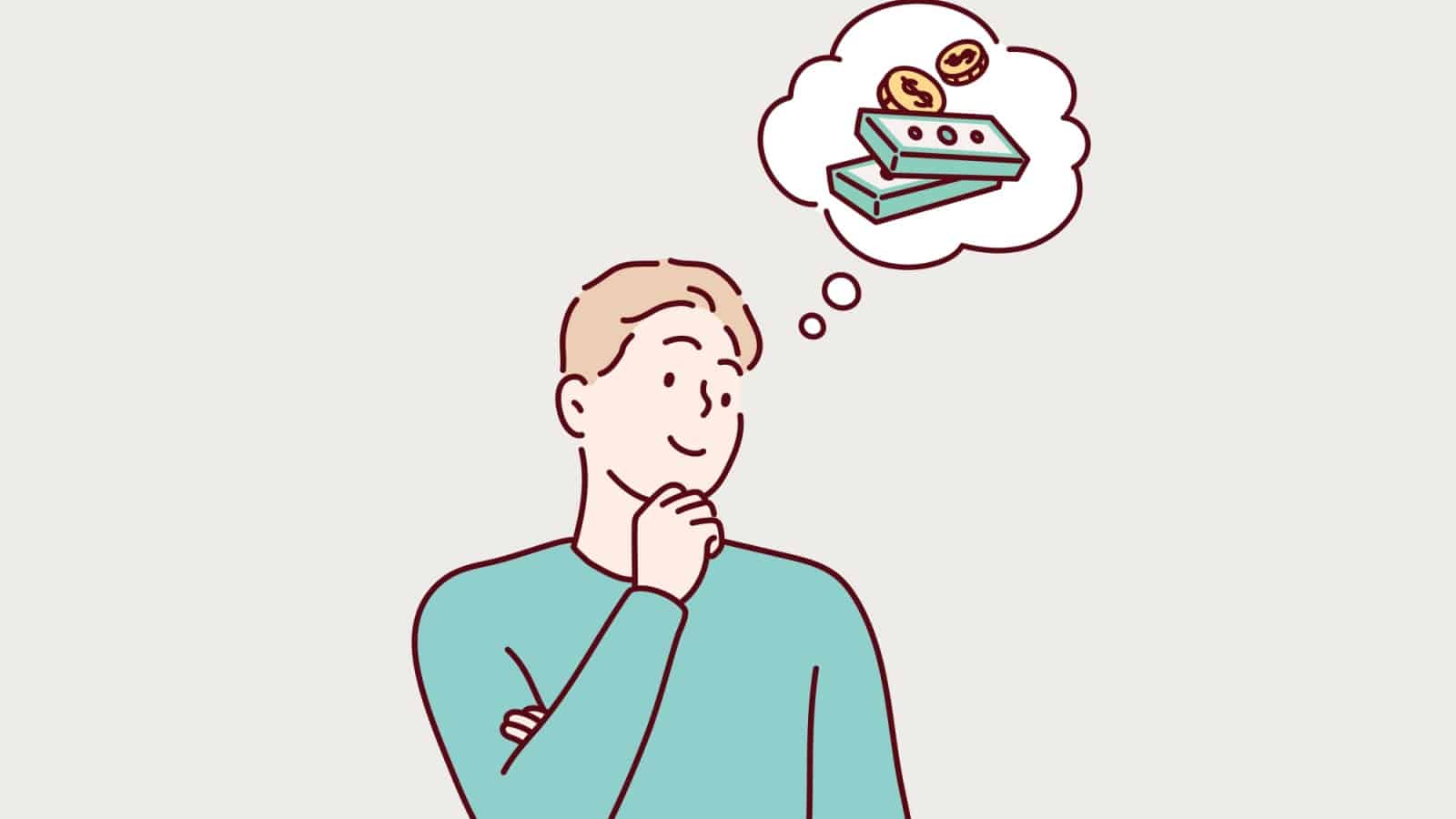 A cartoon man thinking about money. 
