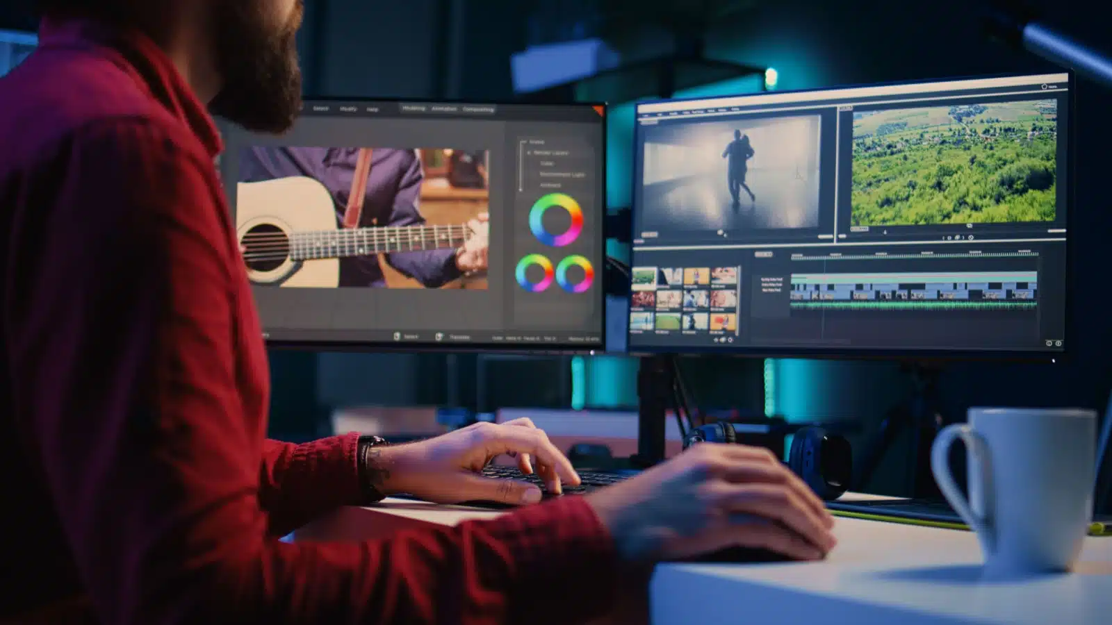 A man using free video editing software to make a video clip. 
