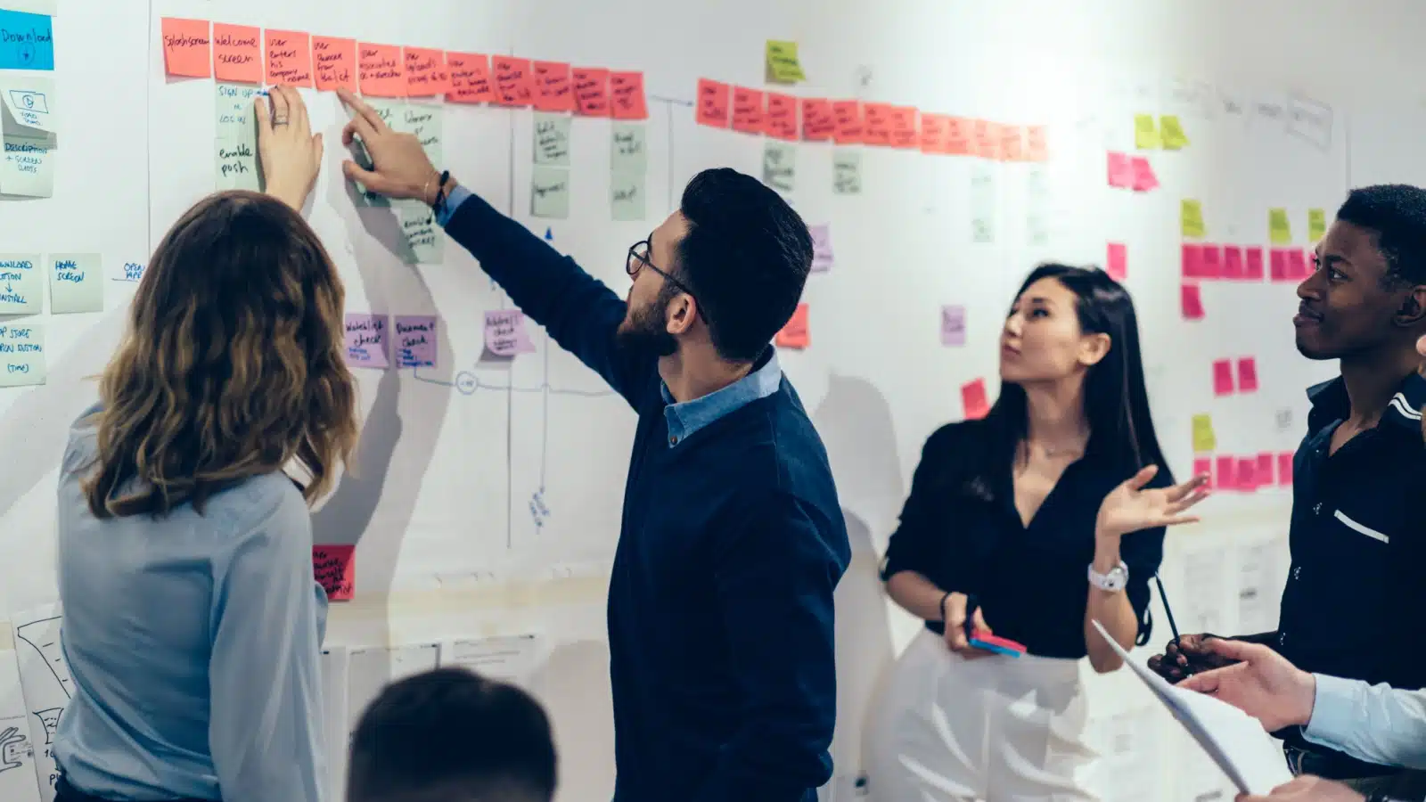 labor productivity: a group of office workers gathers around a whiteboard for project management.