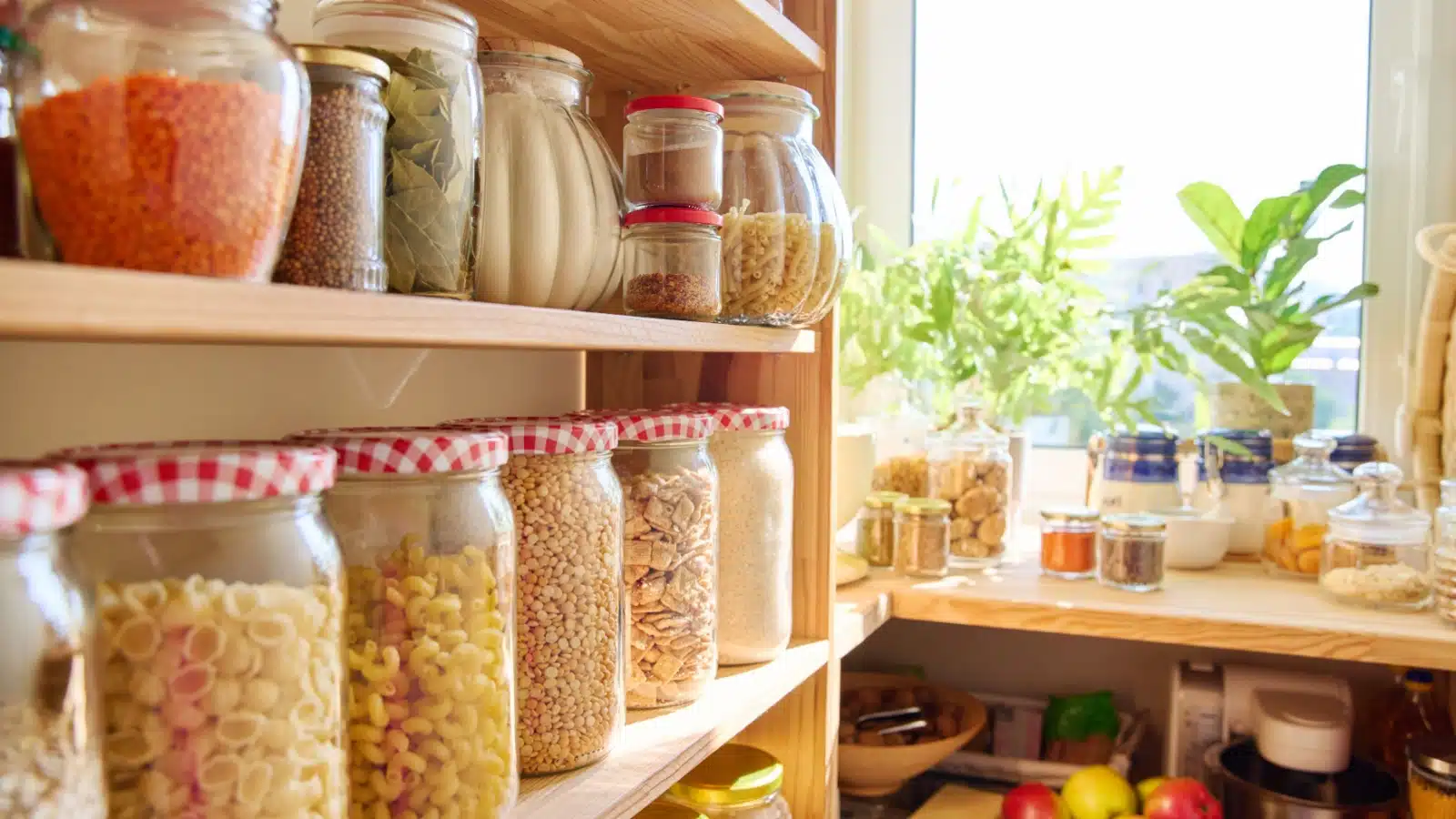 A well stocked pantry with dried goods like pasta and flour stored in jars on shelves. 