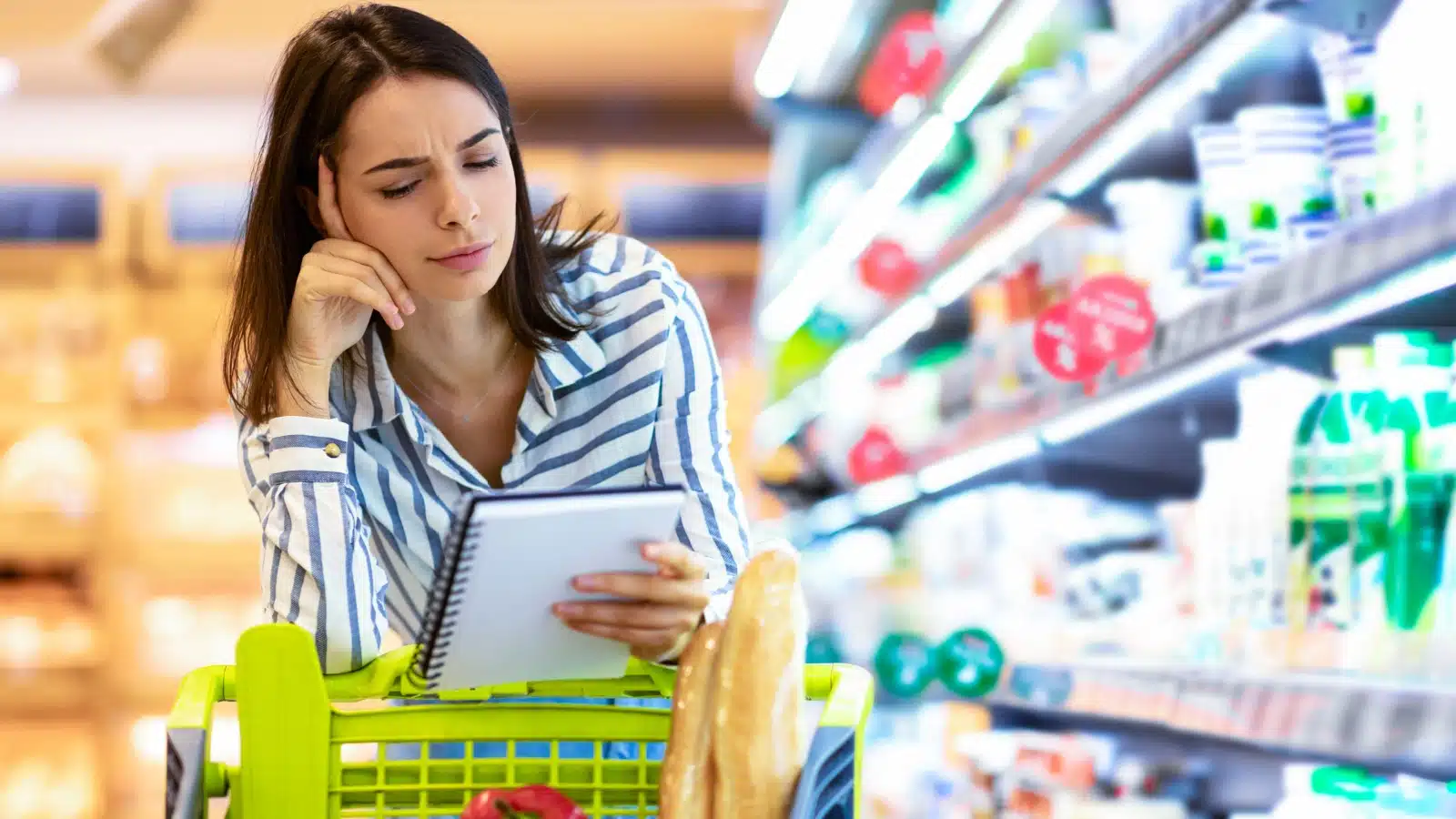A woman at the grocery store reviewing her grocery list while shopping. 