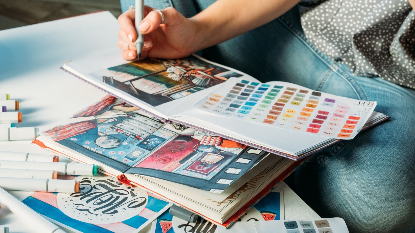 A woman with multiple art journals open, using different materials in each.