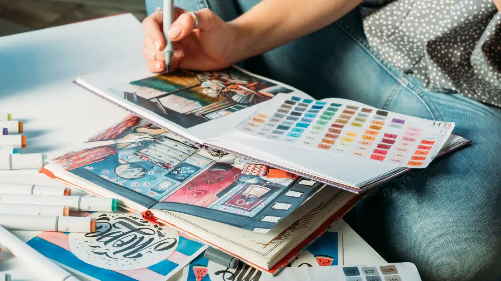 A woman with multiple art journals open, using different materials in each. 