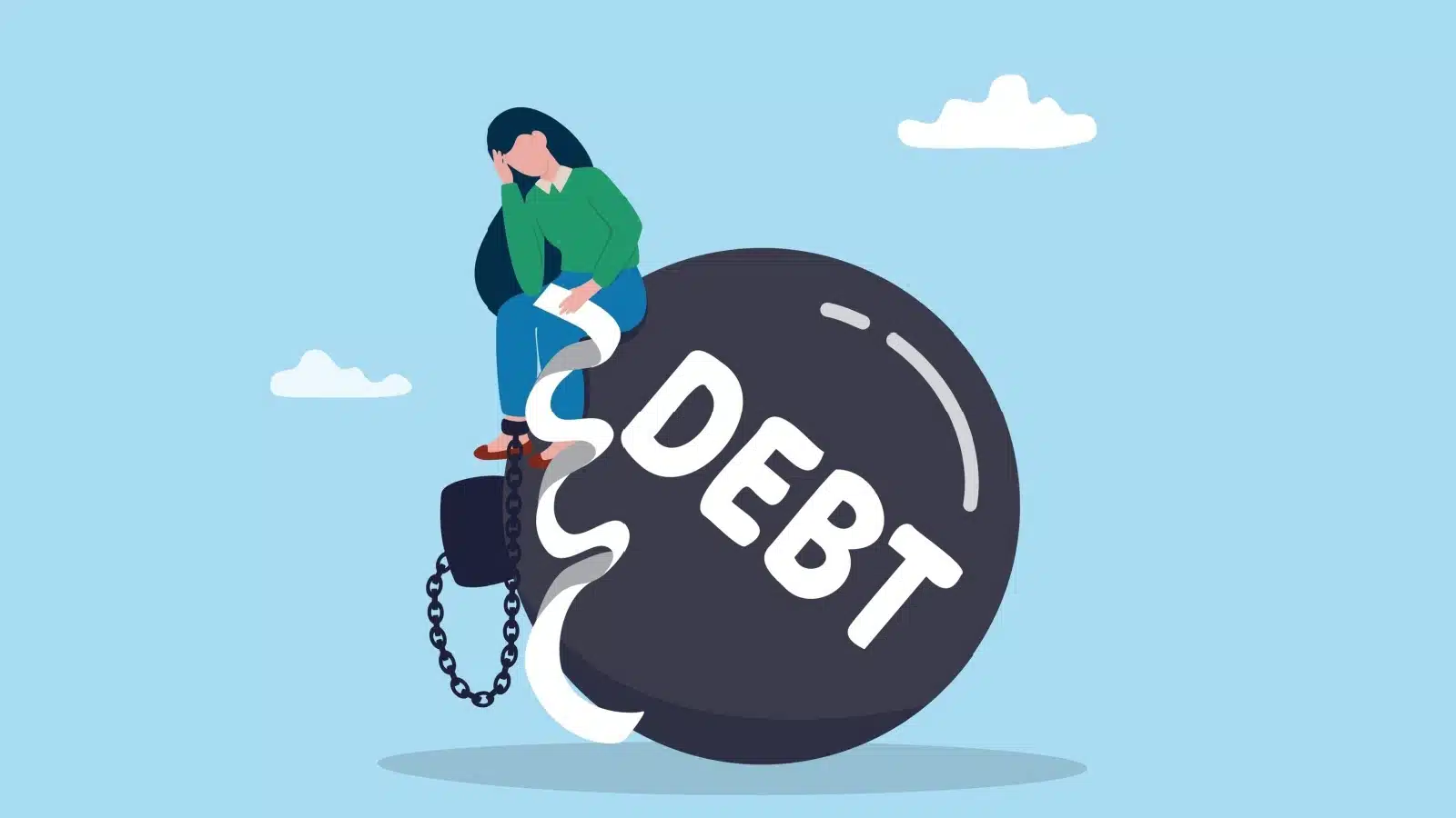 A graphic showing debt as a massive ball and chain tied around a woman's ankle. It's so big she can sit atop the ball.