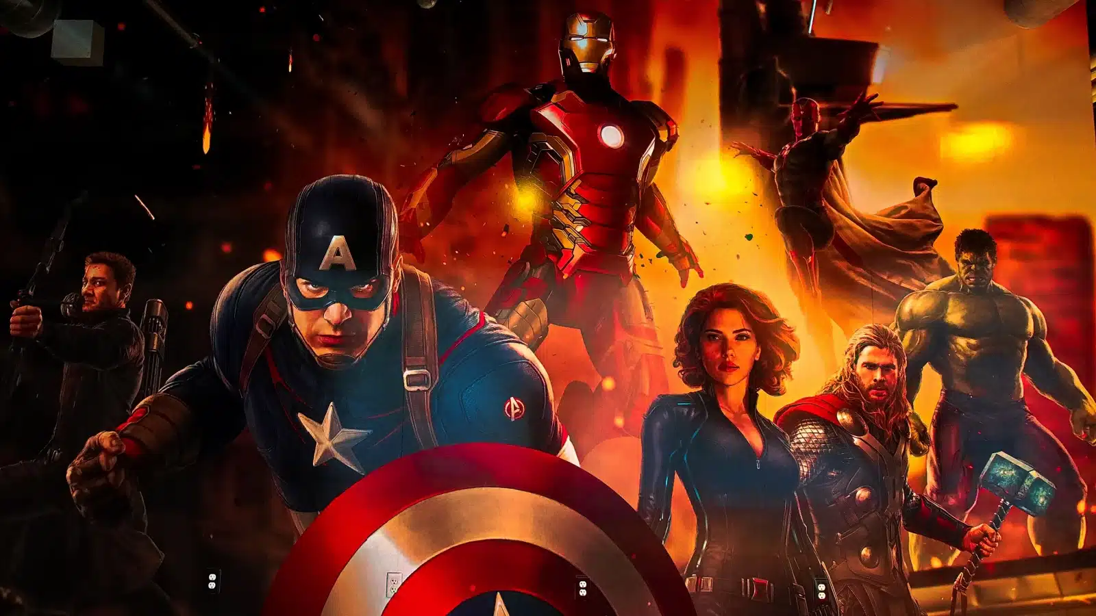 Illustration of the avengers with Captain America front and center.