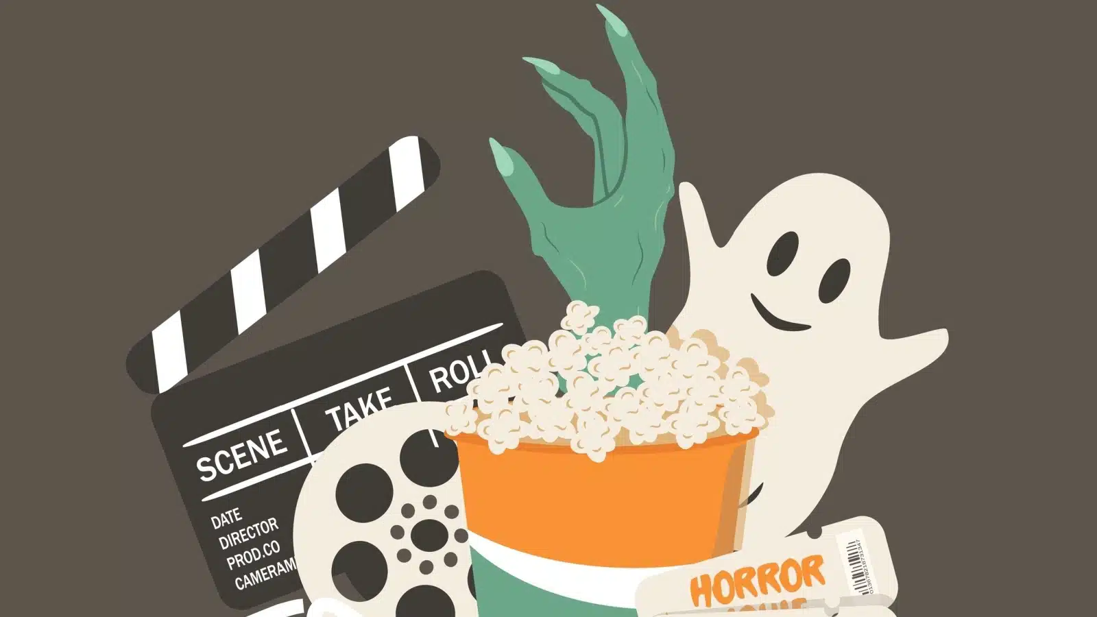 A cute cartoon representing Halloween movies. It features a ghost, popcorn, clap card, and monster hand.