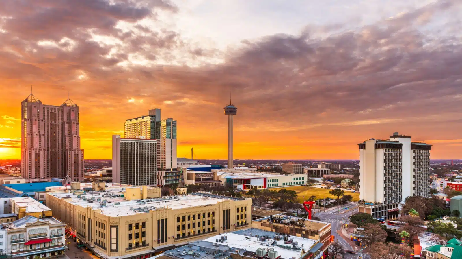 Downtown San Antonio at sunset.