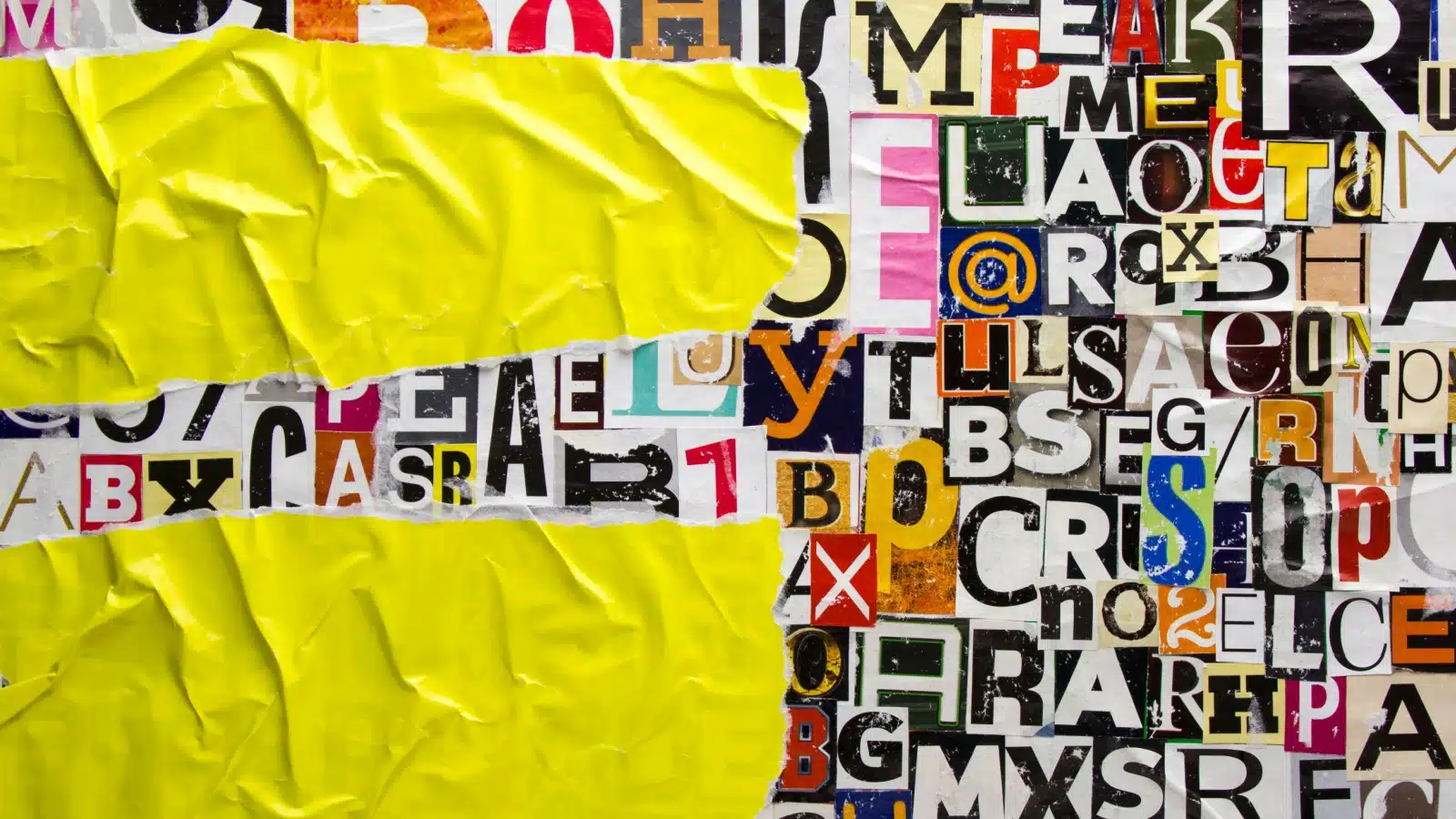 A sample collage with torn strips of yellow paper and random letters.